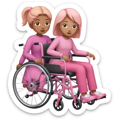 One peach skin sister pushing her light brown skin sister in a pink wheelchair sticker