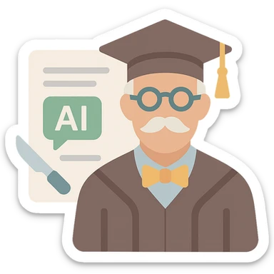 sleek clinical icon of a dignified intellectual professor with classic academia style, subtle scalpel sub-graphic, minimal document background with implied text and AI chat interface hints, refined historic academic color scheme, minimal Apple-like aesthetic sticker