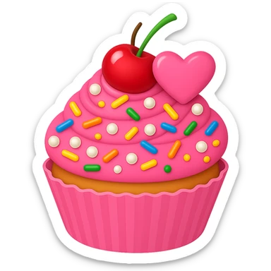 Add a cherry on top of the pink cupcake with pearls and rainbow sprinkles in emoji style. The image should have no background. sticker