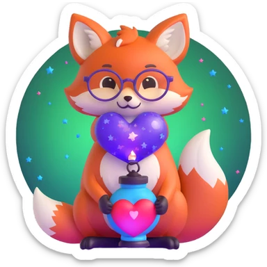 small magical fox with shimmering purple and blue fur, glowing fluffy tail, silver star on forehead, round glasses, tiny lantern, hugging a big red heart sticker