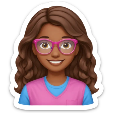 Una chica color de piel sea morena ligado con blanco ojos cafés una sonrisa 🙂 cabello largo ondulado y café camisa de color rosa y lentes de ver azules  sticker