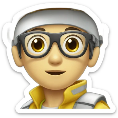 chinese boy with very thick lip small eyes and had glasses wearing yellow rain jack and a white safety helmet doing inspection sticker