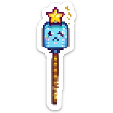 pixelated, blocky emoji of a magic wand with sparkles, inspired by Harry Potter and Minecraft sticker