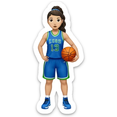 full body plus size light skin latino women basketball player with wavy dark hair in pony tail wide nose wearing blue uniform with green accent sticker