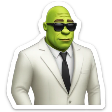 shrek kissing with white-guy-wearing-suit-with-short blonde-hair-and-black-sunglasses sticker