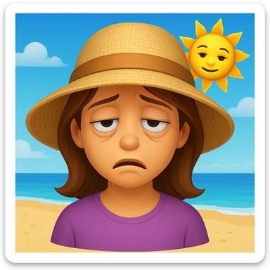 girl, sun is blazing, rest is boring emoji 18.1, emoji style, make the girl's face tired, add a beach, change the hair color sticker