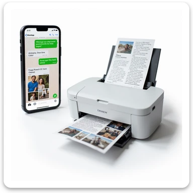 realistic thumbnail for a WhatsApp print out service, smartphone on the left side showing WhatsApp open with a chat containing images, PDFs, and documents being sent, printer on the right side printing out a mix of photos and documents, clean white background, simple background sticker