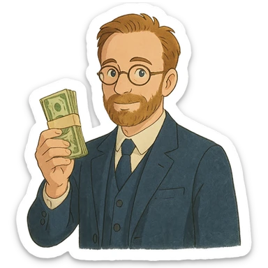 ghibli style illustration of Nikolai Astrup, Norwegian politician, holding a pack of money in his hand sticker