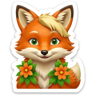 Smilng Green Eyed Blonde Fox with flowers  sticker