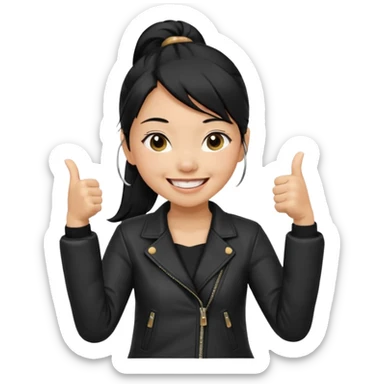 A girl with a pony tail black hair and Asian tan skin, Asian eyes, with a black jacket and a black purse, laughing with arms crossed giving a thumbs up  sticker