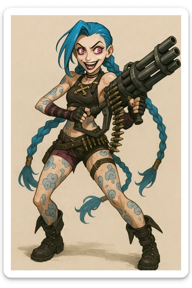 slender athletic young woman with long electric blue hair in two thick braids, bright pinkish-purple eyes, manic mischievous expression, punk-inspired outfit with cropped top, striped arm sleeves, mismatched shorts with belts, knee-high boots, adorned with bullet belts and pouches, blue tattoos in swirling mechanical patterns on arms legs torso, holding mini-gun sticker