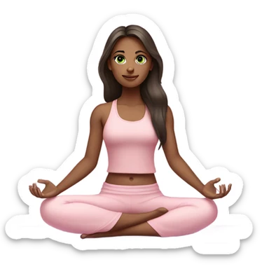 Dark brown long hair and green eyes yoga beautiful girl in light pink pink pink clothes sitting on a yoga mat sticker