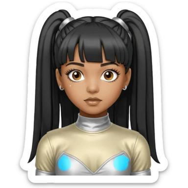 Left Eye from TLC with long black ponytail hair, silver outfit sticker