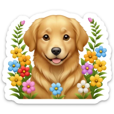 A Golden Retriever sitting in a blooming flower garden, sunlight highlighting its shiny golden fur. Gentle expression, realistic photography, warm color tones. sticker