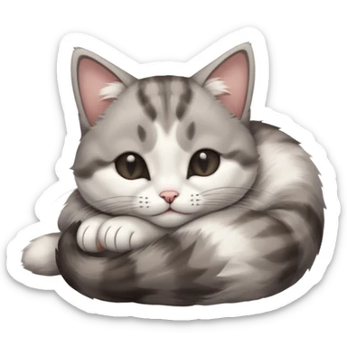 grey and white small cat with eyes closed lying down upside down with its head resting on its curled paw sticker