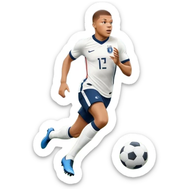 An icon showing Kylian Mbappé running with the ball on a football field during a match. The design captures his speed and focus, with dynamic motion lines and a vibrant background of the field and stadium lights. Transparent background emphasizes the action. sticker