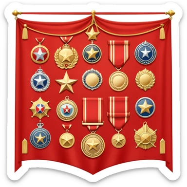 Icon for Collecting Orders, Medals & Badges: a variety of vintage orders, medals and badges, displayed neatly on a big red pennant or in a display case. The icon should reflect the honor and historical significance of these collectible items. Transparent background. sticker