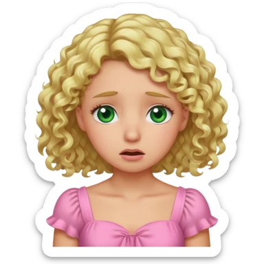 the girl is that criying she has green eyes and blond hair curly pink dress, sticker