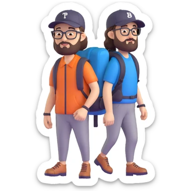adventurer with backpack, small beard, glasses and backwards baseball cap sticker