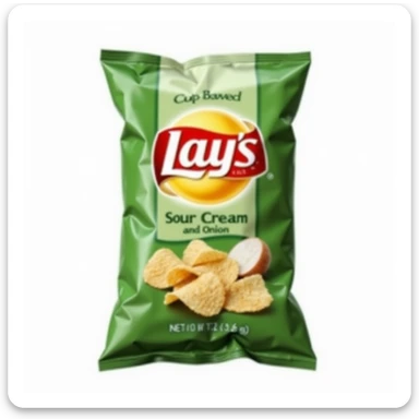 realistic Lay's Sour Cream and Onion potato chips bag, green and yellow packaging, iconic logo, chips visible, appetizing, isolated on white background sticker