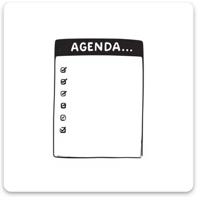 A notebook with 'AGENDA' written on top and meeting items listed below sticker