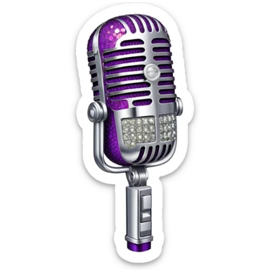 Create a glamorous and vibrant emoji representing stage vocal performance. The design should feature a humanless collage of classic vintage microphone, stage costume covered in rhinestones, sparkling brightly. The costume should be stylized, with glittering elements like sequins and sparkles, and reflect the glitzy, extravagant nature of show business. The microphone should have a sleek, retro look with chrome or metallic accents. Use rich, dazzling colors like gold, silver, deep purple, and bright red to evoke the glamorous, larger-than-life feel of a stage performance. The background should be transparent. sticker