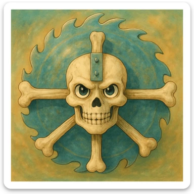 Render the subject in a painterly, whimsical, and detailed Ghibli style with soft shading and a magical atmosphere. Preserve the skull, crossed bones, and saw blade elements, giving them a fantastical, storybook quality. Ensure the subject is fully inside the image borders. sticker