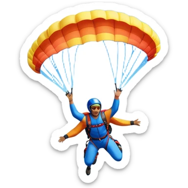 A base jumper soaring through the sky, with a brightly colored parachute open. The backdrop features breathtaking mountain peaks, lush valleys, and a vast blue sky dotted with clouds. The scene captures the thrill and freedom of jumping from great heights into the open air. sticker