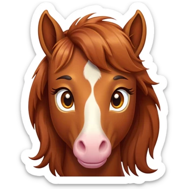 Cinematic Cute Chestnut Horse Portrait Emoji, Head tilted playfully and inquisitively, showcasing a glossy chestnut fur with a vibrant sheen and gentle, expressive amber eyes, Simplified yet irresistibly adorable features, highly detailed, glowing with a warm, friendly glow, high shine, affectionate and spirited, stylized with a touch of whimsy, bright and endearing, soft glowing outline, capturing the essence of a mischievous yet loving horse, so playful it feels like it could prance out of the screen and into your arms! sticker