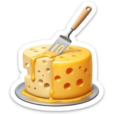 a half vertical wheel of cheese being scraped with a metal spatula, melted cheese flowing, modern emoji style, clean, transparent background sticker