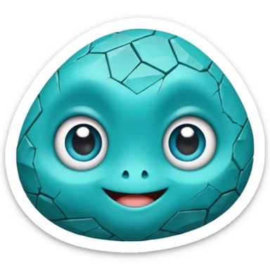 One small turquoise rock creature, rounded but still clearly a rock with cracks and facets, subtle shine, big expressive eyes and a shy smile, sticker