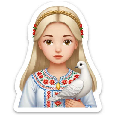 Ukrainian girl wearing a traditional embroidered vyshyvanka shirt with a white dove next to her sticker