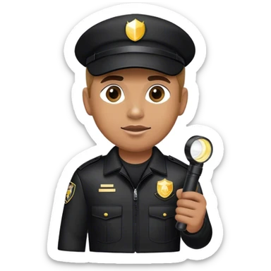 A vigilant male security guard wearing a black uniform, a baseball cap with ‘SECURITY’ embroidered on it, and a black jacket. He holds a flashlight  shining its beam forward, np police uniforms, no badge sticker