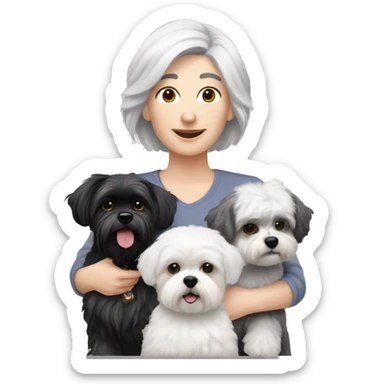 White women with short grey hair holding two dogs one black shih tzu and one white bichon frise sticker