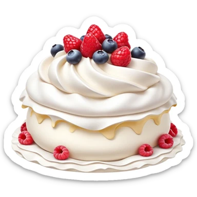 Cinematic Realistic Pavlova Dessert Emoji, showcasing a delicate meringue dessert topped with fresh fruit rendered with lifelike texture and soft natural lighting. sticker