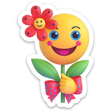 3D smiley emoji, large eyelashes, red polka dot bow, holding a flower with one hand, waving with the other, happy, blue eyes, cute style sticker