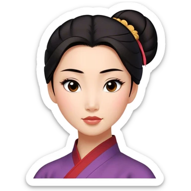 Cinematic Realistic Serene Mulan Portrait, showing Mulan (chest and above) with radiant, smooth skin and delicately detailed dark hair swept back in a neat bun. Her gentle, reflective expression is captured with soft natural lighting that highlights the nuanced textures of her features and traditional attire in muted hues. The composition glows with an inviting, natural radiance and subtle shadows, evoking a calm and introspective mood that speaks of quiet strength and enduring beauty. sticker