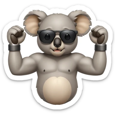 anthropomorphised koala in casual clothing, wearing dark sunglasses, flexing muscles sticker