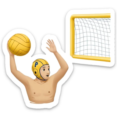 An icon featuring a yellow water polo ball floating on the water with goals in the background, inside a swimming pool. The design includes splashes and ripples, symbolizing the fast-paced action and strategy of water polo. Transparent background highlights. sticker