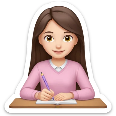 smiling long brunette hair girl hazel eyes wearing light pink clothes writing sticker