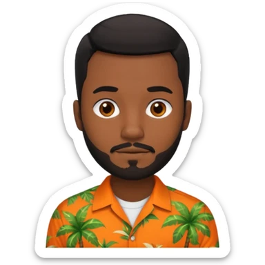 create an emoji of a man but with very very short black hair, dark skin, dark brown eyes and a short beard and an orange and tropical shirt with short sleeves sticker