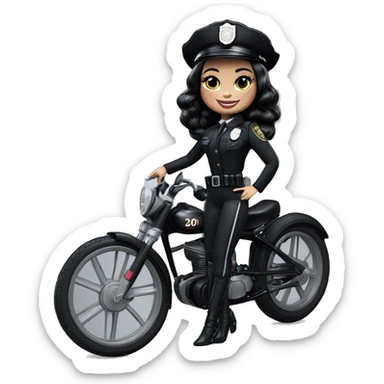 Bouclé Beauty Barbie, Wednesday Addams from academy, in vertically-striped dark-gray and black police officer’s uniform with small hat. Leaning back at the hips, riding a wheelie on a hot rod bike smiling  sticker