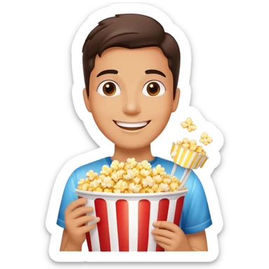 Person watching a movie with a happy face, holding popcorn bucket, cinema lights reflected on face sticker