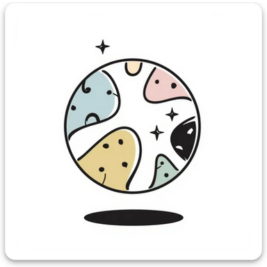 A colorful children's toy ball with patterns in pastel colors (dd9fb0, ffc6d3, a3bfc9, c4bee2, f1b091), hand-drawn doodle style sticker