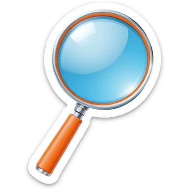 A stylized blue magnifying glass tilted right, flat design, minimalist, vibrant orange handle, white circular background, high resolution, 2048x2048 pixels, vector art, clean lines sticker