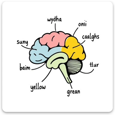 Anatomical brain diagram with colored regions: cerebrum in pink, cerebellum in yellow, brain stem in green, and frontal lobe in light blue. Detailed hand-drawn medical illustration with labeled major parts and lobes. sticker