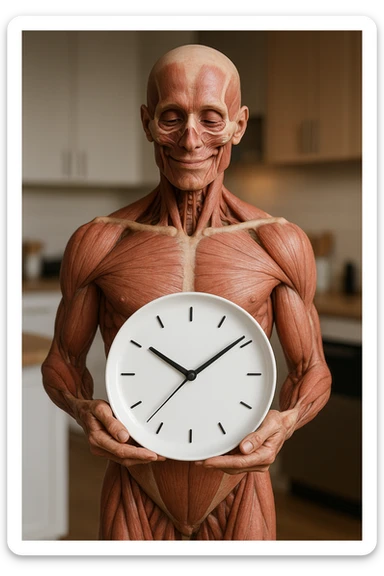 corpo umano anatomico, che tiene in mano un piatto bianco con la lancette di un orologio sopra, figura visibile fino ai fianchi, espressione del volto soddisfatta, sullo sfondo la sua cucina sfocata, iperrealistico 4k sticker