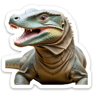 Cinematic Realistic Cute Yawning Komodo Dragon Portrait Emoji, Head tilted slightly with a dramatic, wide-open yawn, showcasing a soft, rugged scaled hide with subtly drooping features and half-closed, drowsy eyes rendered in authentic detail, high shine, relaxed yet expressive, styled with a dash of natural desert charm, soft glowing outline, capturing the essence of a sleepy yet affectionate Komodo dragon that appears ready to stretch out for a deep, restful nap! sticker