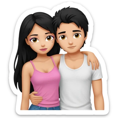 generate a pretty tan bratz boy with messy black hair wearing a white tshirt. Hugging a fair girl with long black hair, eyeliner, wearing a pink cami.  sticker