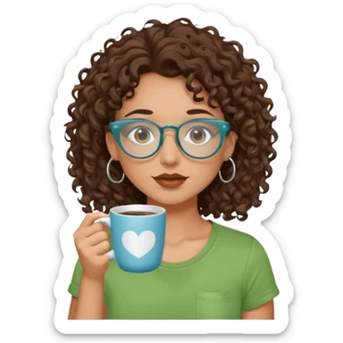 White girl with dark brown curly hair, brown eyes, sky blue glasses, nose piercing septum, green t shirt, drinking coffee from a cup sticker